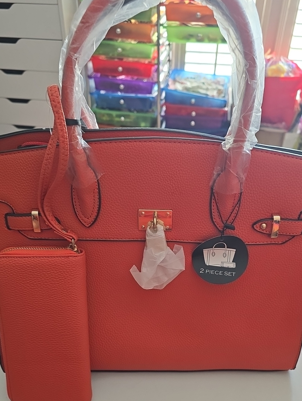 Deluxity Structured Women’s Tote Bag in Orange - 2 Piece Set